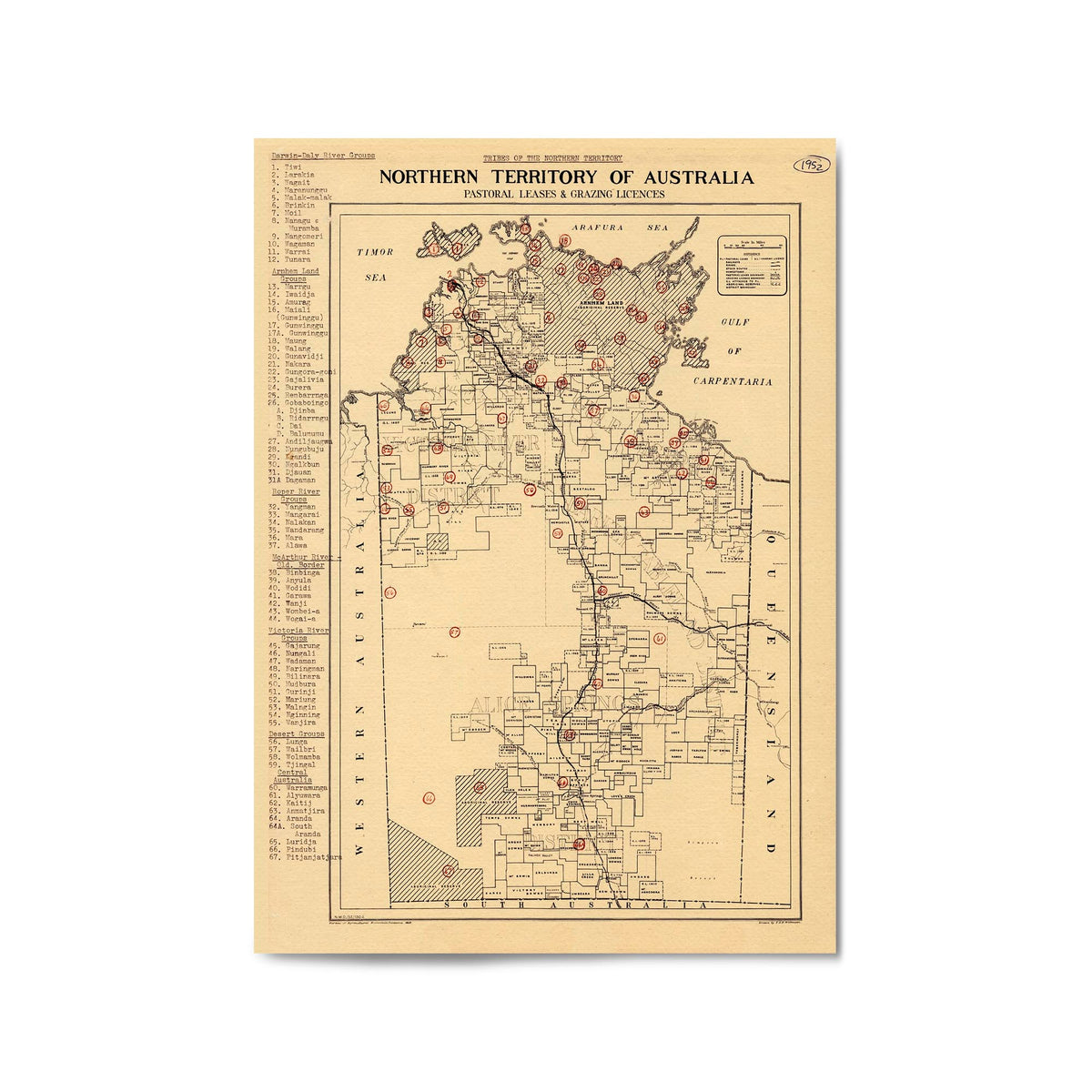 1952 Map of the Northern Territory Showing Pastoral Leases & Grazing L ...