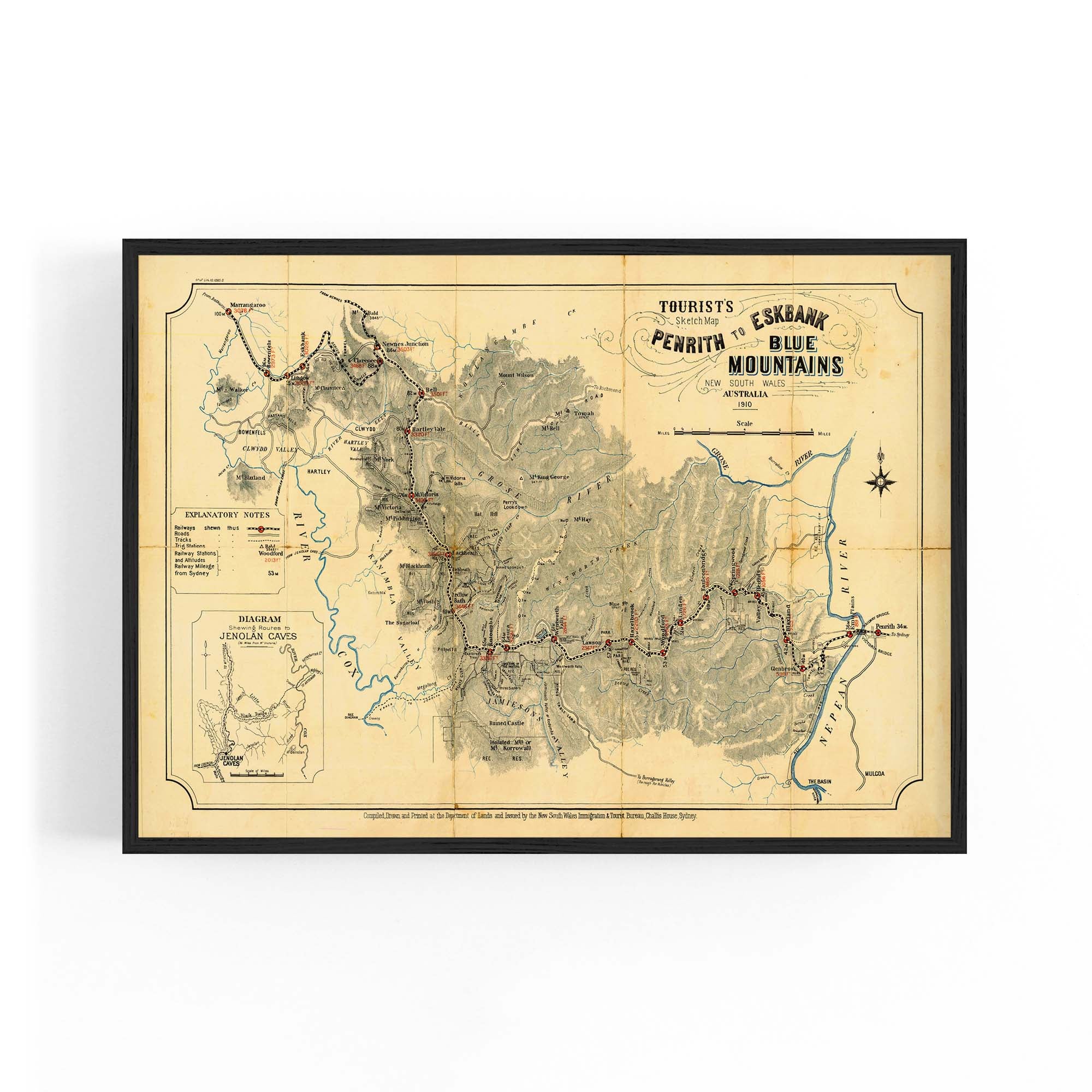 1910 Tourist Map, Penrith to Marrangaroo, Blue Mountains, New South Wa ...