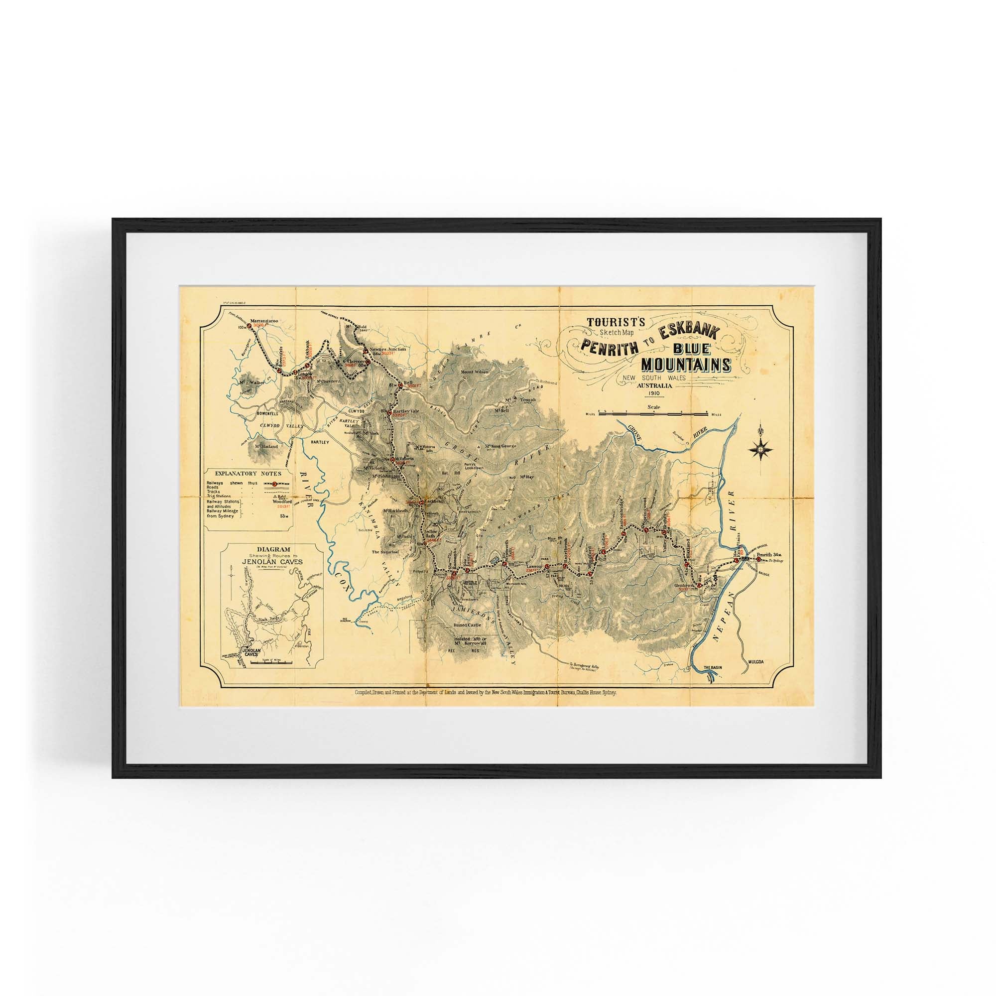 1910 Tourist Map, Penrith to Marrangaroo, Blue Mountains, New South Wa ...