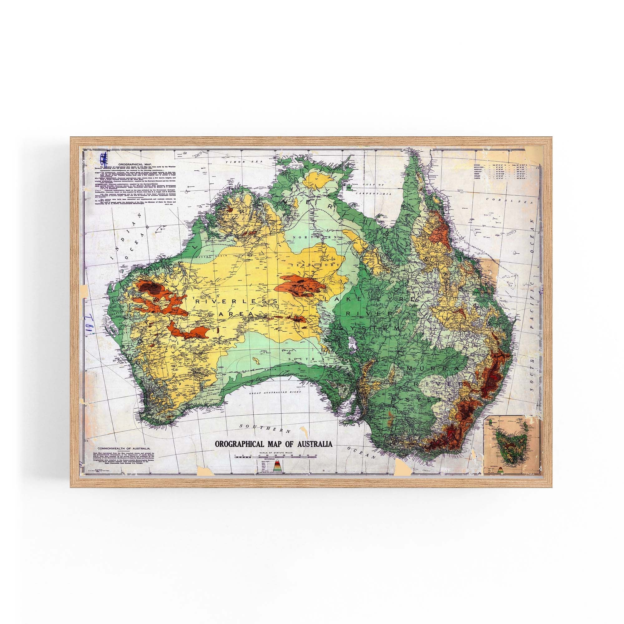 1918 Orographical Map of Australia Vintage Maps